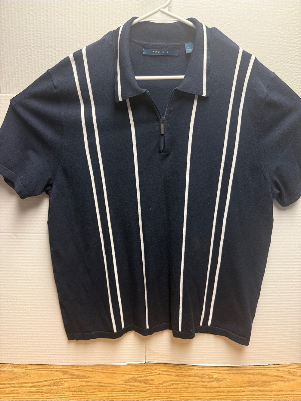 Perry Ellis Navy Half-Zip Sweater with Cream Vertical Stripes size XXL